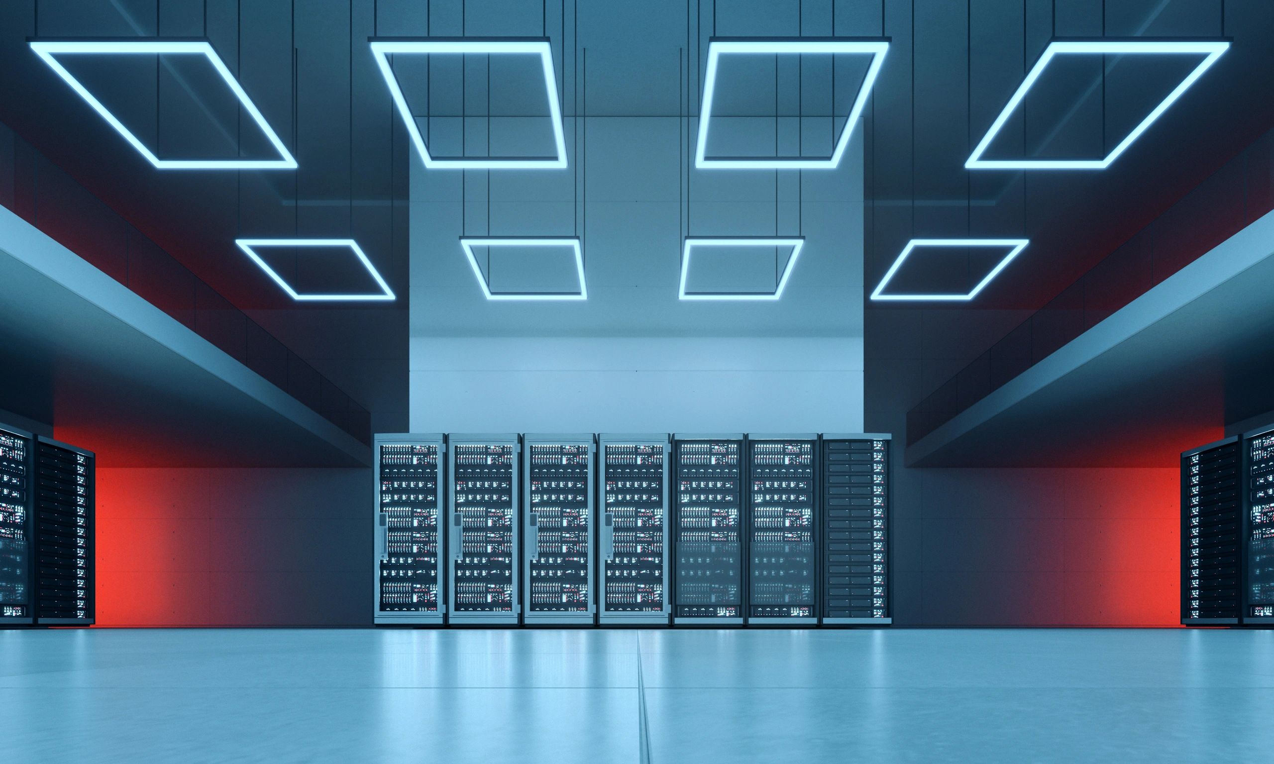 Modern data centre server racks with teal lighting
