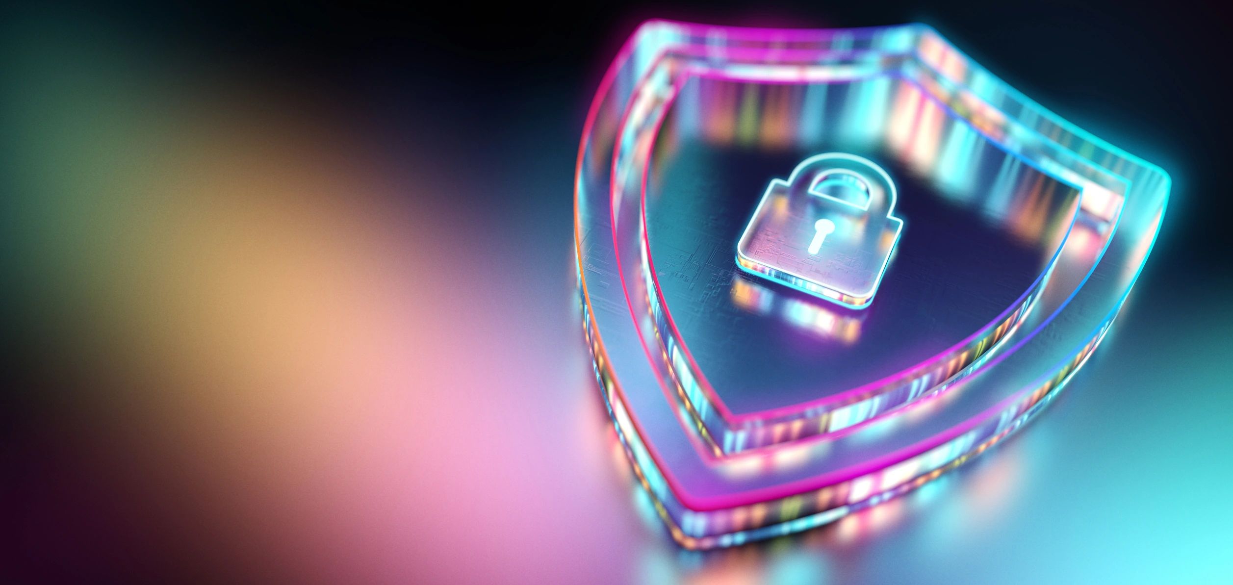 Abstract blue cybersecurity network with shield and lock, representing security-first managed IT